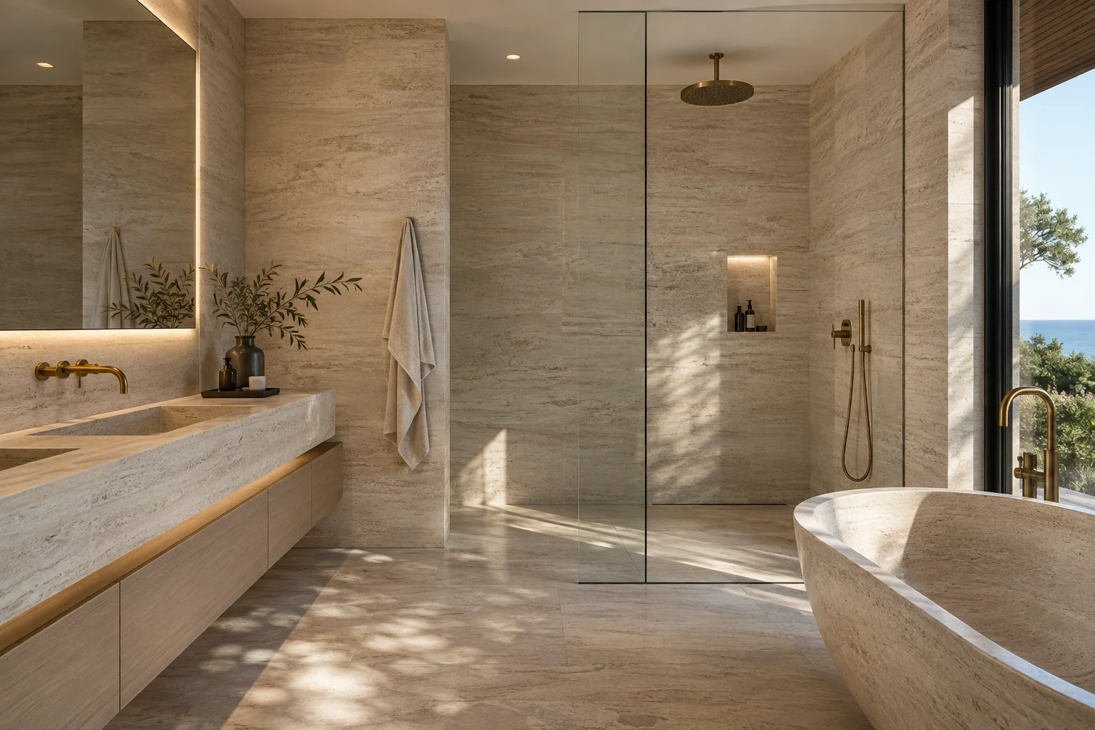 Traverten yüzeyli, cam duş alanlı temsili banyo